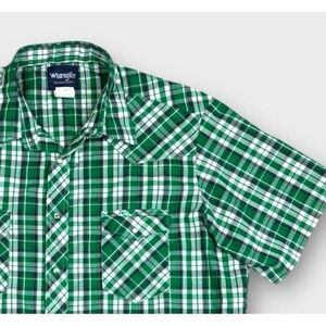 Wrangler Western Plaid Snap Shirt Green White Short Sleeve Pearl Snap XL Cowboy